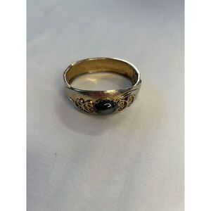 Vintage Gold Tone, Black Jem Wide Snap Bracelet, Scroll, Textured, Mid-Century